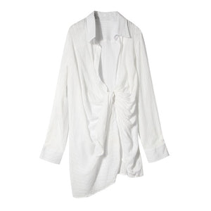 DEAT 2021 New Summer Turn-down Collar Full Women Clothes Asymmetrical Sleeves Dobby White Dress Female Vestido WB52300